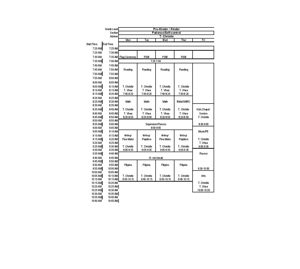 Class Schedule 2024-2025 Pre-K and Kinder